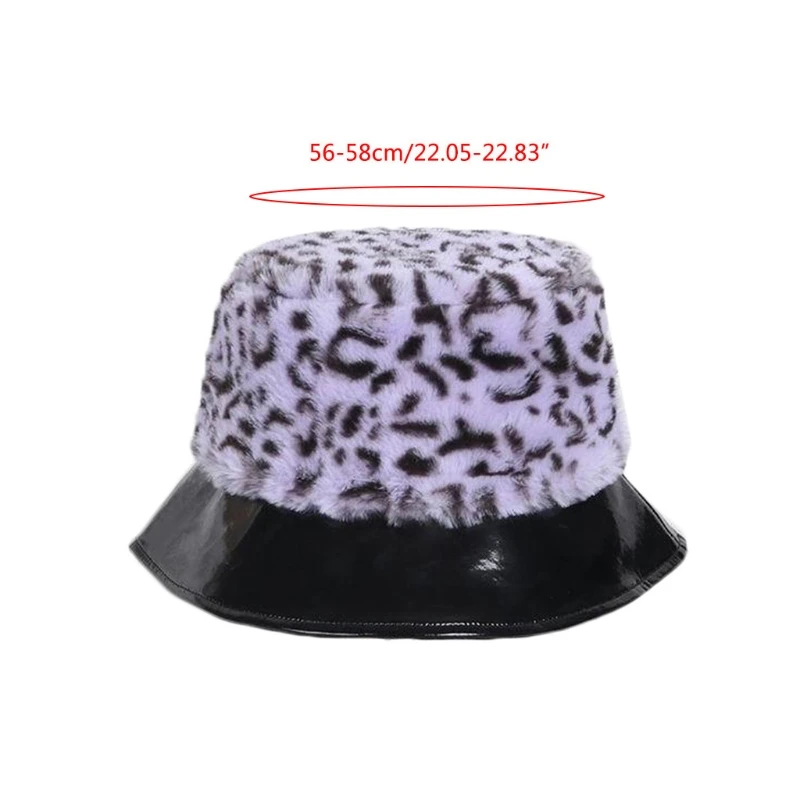 

Women Winter Fuzzy Plush Leopard Bucket Hat Faux Patent Leather Short Brim Harajuku Outdoor Warm Panama Fisherman Cap