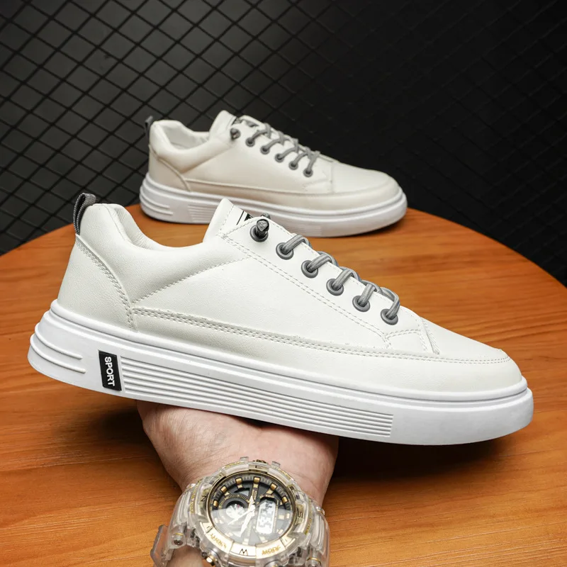 Trendy Men's Casual Board Shoes All-Match PU White Shoes Non-Slip Wear Resistant Pilot Sneakers Comfortable Walking Footwear