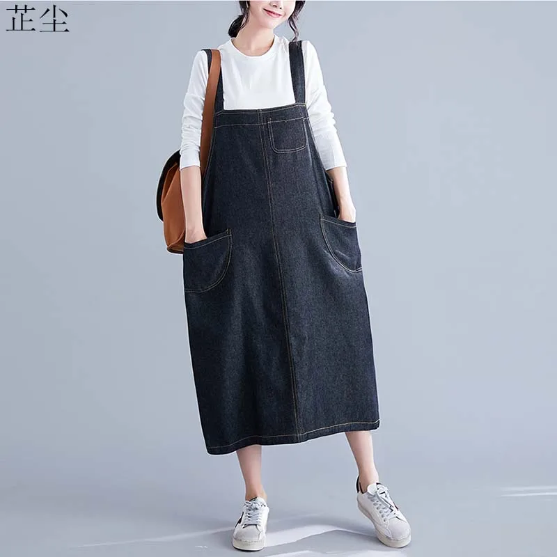 Женское джинсовое платье без рукавов винтажное длинное комбинезон на бретельках