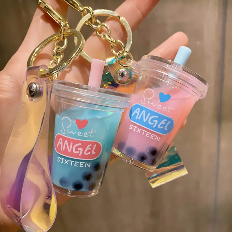 Модный акриловый брелок для ключей в форме чашки молочного чая движущаяся