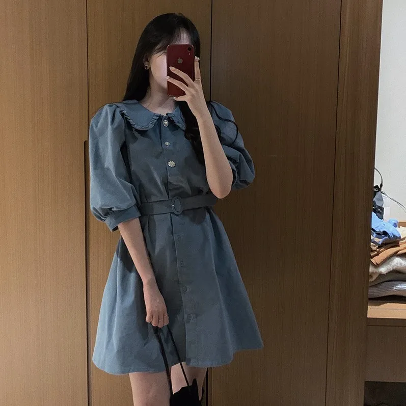 

Early Spring Korean Style Chic Retro White and Blue Puff Sleeve Lace Doll Collar Chic Button Long Sleeve Dress for Women