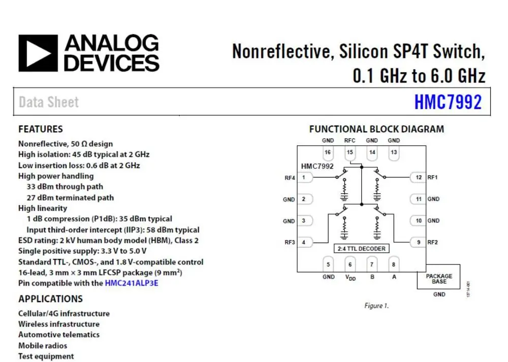 Модуль HMC7992 от 0 1 ГГц до 6 неотражающий кремниевый переключатель SP4T для CATV / DBS Ham