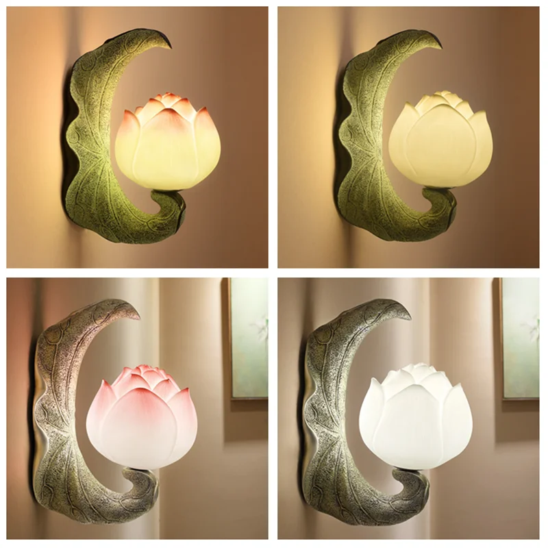 

Chinese Style Lotus Wall Lamp Led Retro Mirror Lights Bedroom Bedside Lamp Vintage Resin Sconce Stair Home Decor Light Fixtures