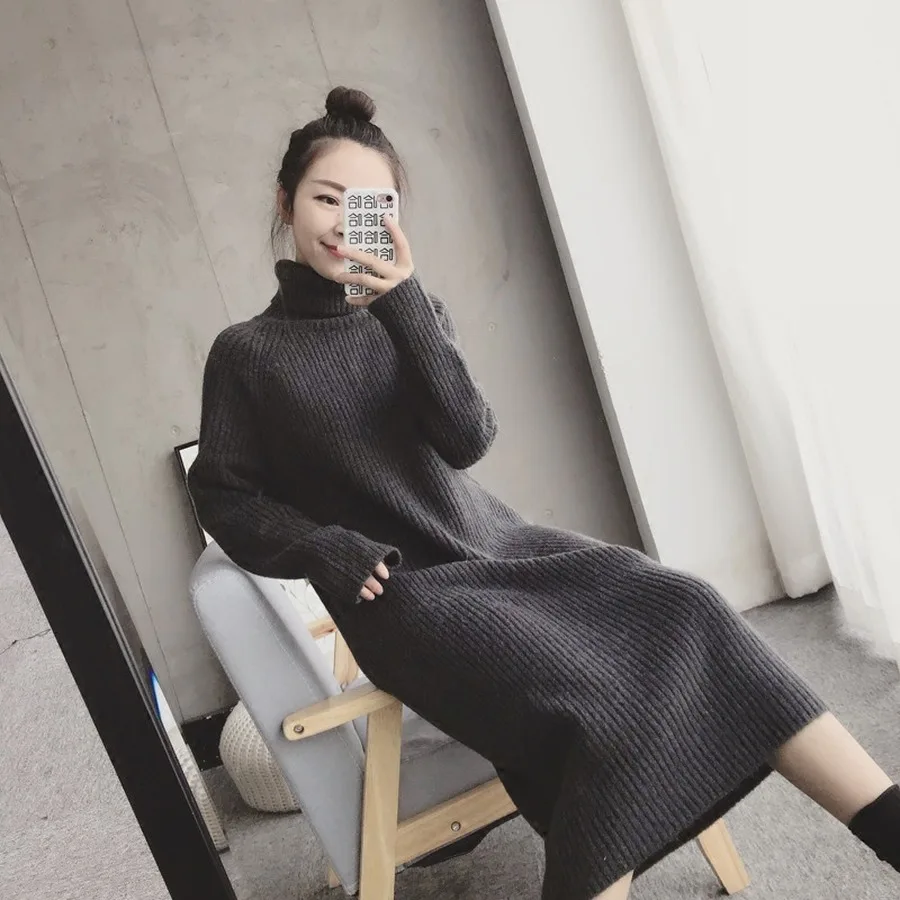 Женское трикотажное платье-свитер повседневное свободное теплое платье с