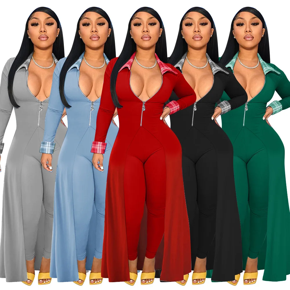 

Women's Shirt Collar Sexy Nightclub Long-sleeved Slim Party Cardigan Zipper Dovetail Dress Solid Color Stitching Two-piece Suit