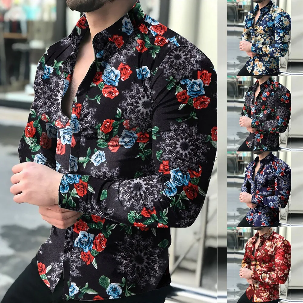 

Mens Casual Printed Shirt Slim Fit Formal Shirts Long Sleeve Button Down Tops Male Business National Style Lapel Fashion Shirt