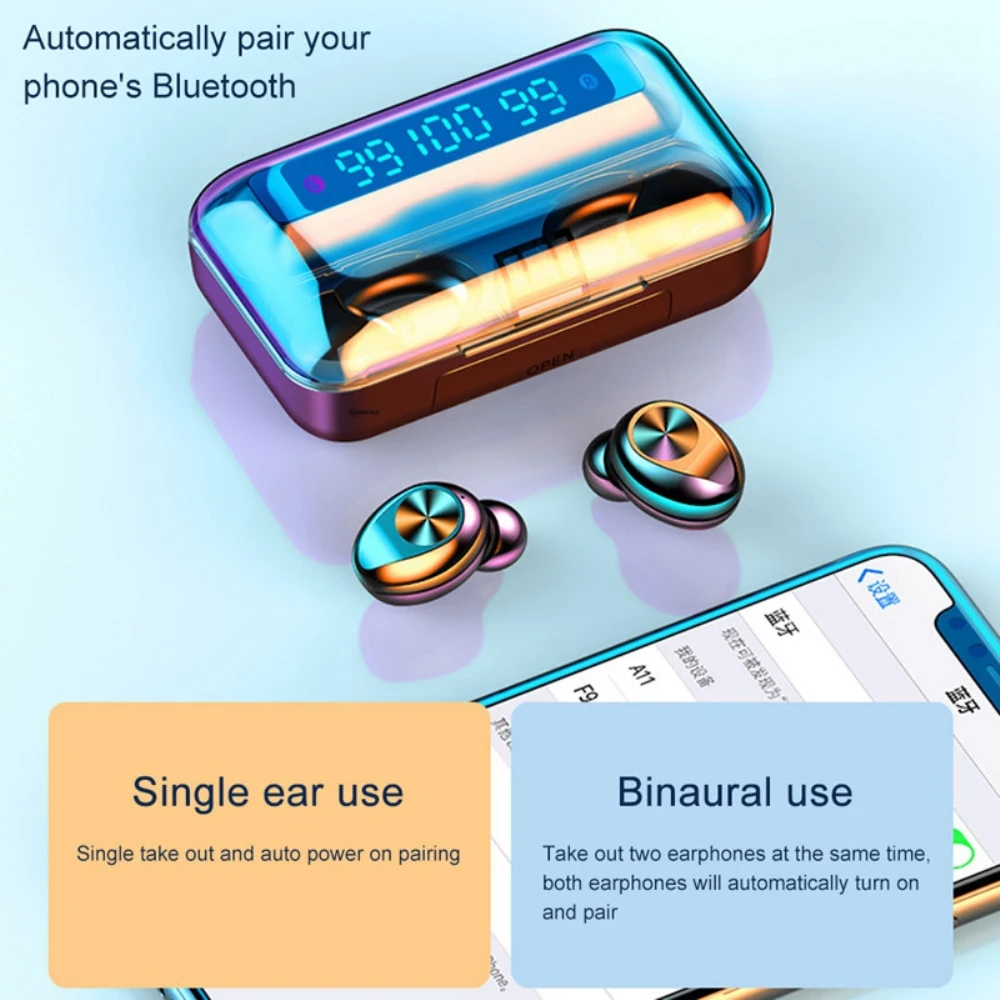 Беспроводные наушники F9 TWS Bluetooth 5 0 с поддержкой Xiaomi / iPhone внешним аккумулятором 2000