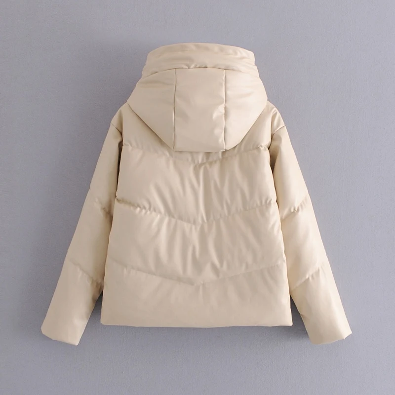 Black/Beige Oversized Warm Overcoat New Style Loose Hooded Coat Fashion Zipper Pocket PU Leather Winter Women Jacket Parkas