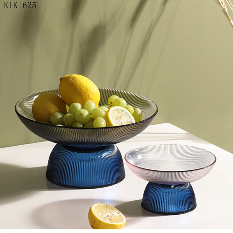 

European Luxury Glass Fruit Tray with Color Matching Vertical Pattern High-foot Storage Tray Dining Table Glass Candy Snack Tray