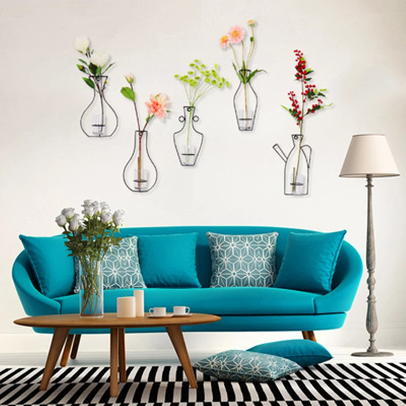 

Flowers Vase Retro Iron Line Metal Plant Holder Wall Hanging Glass Vase Nordic Decoration Home Living Room Wall Home Decore