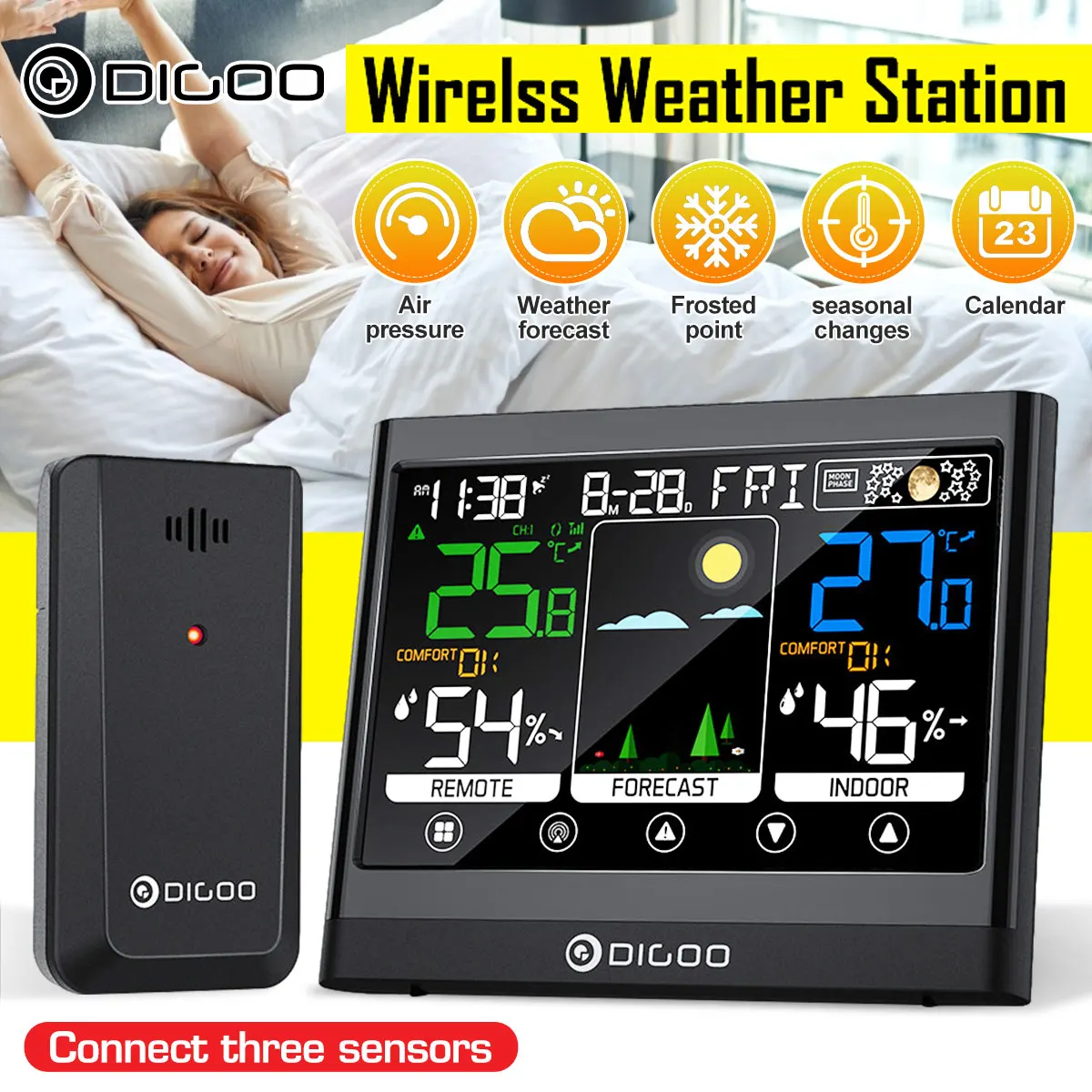 

Weather Station Digital Alarm Table Clock Thermometer Hygrometer Barometer Moon Phase Snooze with Wireless sensor