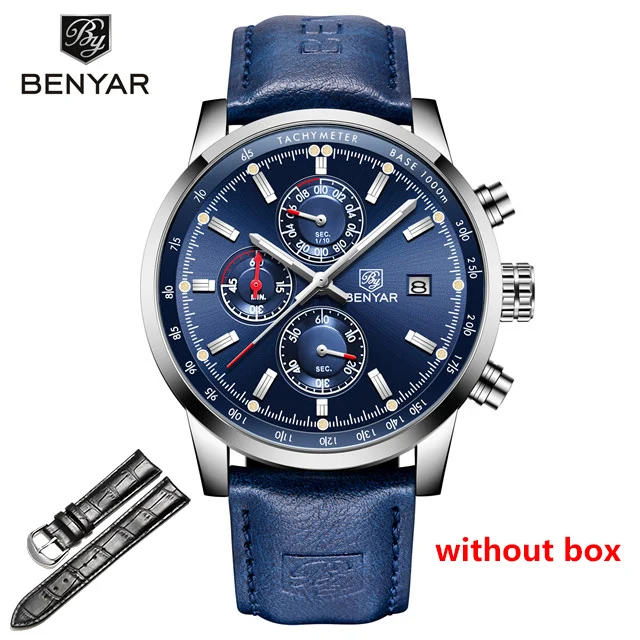 silver blue BENYAR часы мужские роскошные брендовые кварцевые часы с хронографом модные спортивные автоматические часы с датой кожаные мужские часы Relogio Masculino - Цвет: silver blue