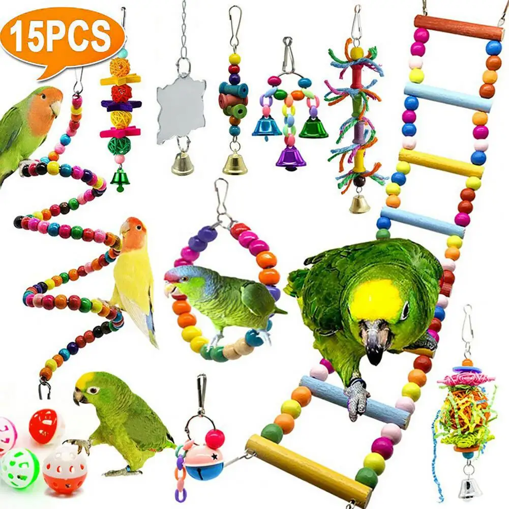 

15Pcs/Set Parrot Toy Kit Beads Ball Bell Lightweight Acrylic Birds Cage Swing Chew Toy For Pet Ladder With Bells Woven String