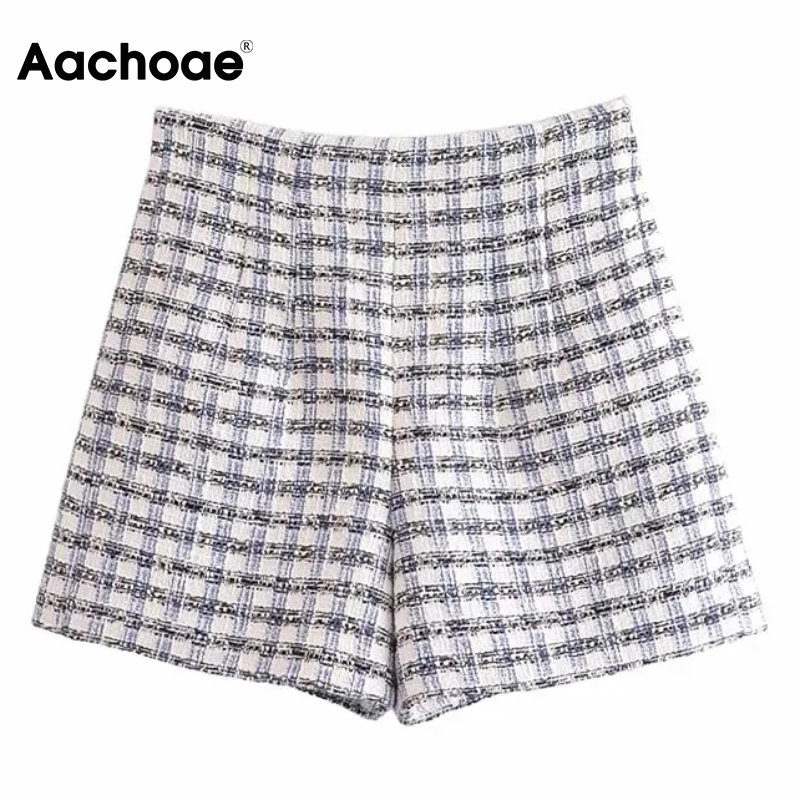 

Женские винтажные клетчатые твидовые шорты Aachoae, модные шорты с высокой талией и боковой молнией, женские повседневные шорты, женские шорты