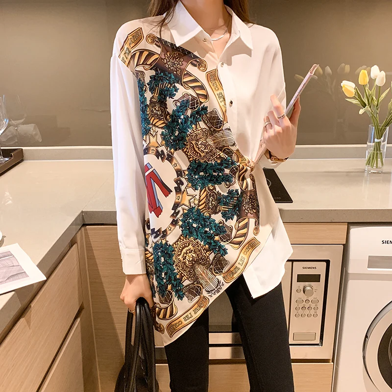 

2021 New Women's Retro Print Irregular Tailoring Stitching Long-sleeved Loose Street Blouse