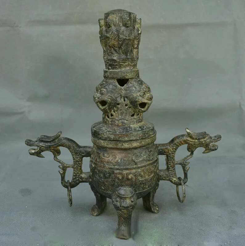 

17" Old Chinese Bronze Ware Dynasty Palace Dragon Beast Pavilion Incense burner