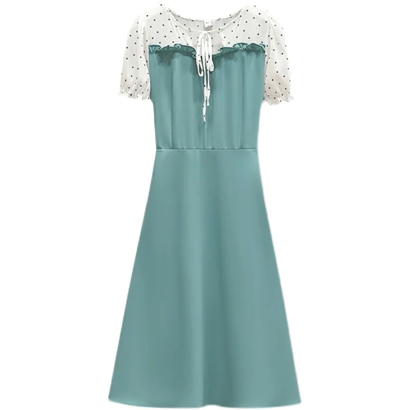 

4XL Plus Size Women Elegant Chiffon Dress Summer 2021 Polka Dot Puff Sleeve Patchwork High Waist A-Line Long Dresses