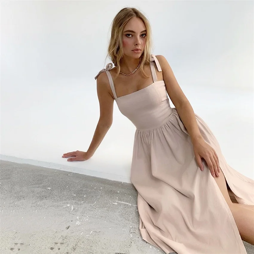 

2021 summer new women's cotton and linen dress fold lace up fashion sleeveless suspender waist closing thin medium and long
