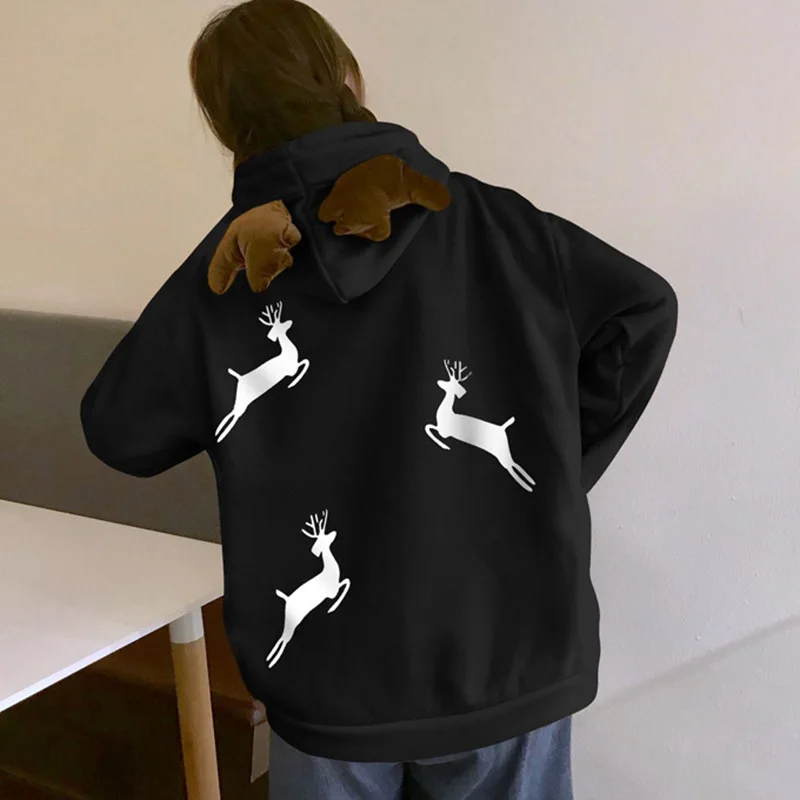 

Christmas Deer Print Harajuku Hoodies Women Autumn Winter Red Kawaii Hooded Sweatshirt Korean Style Pullovers