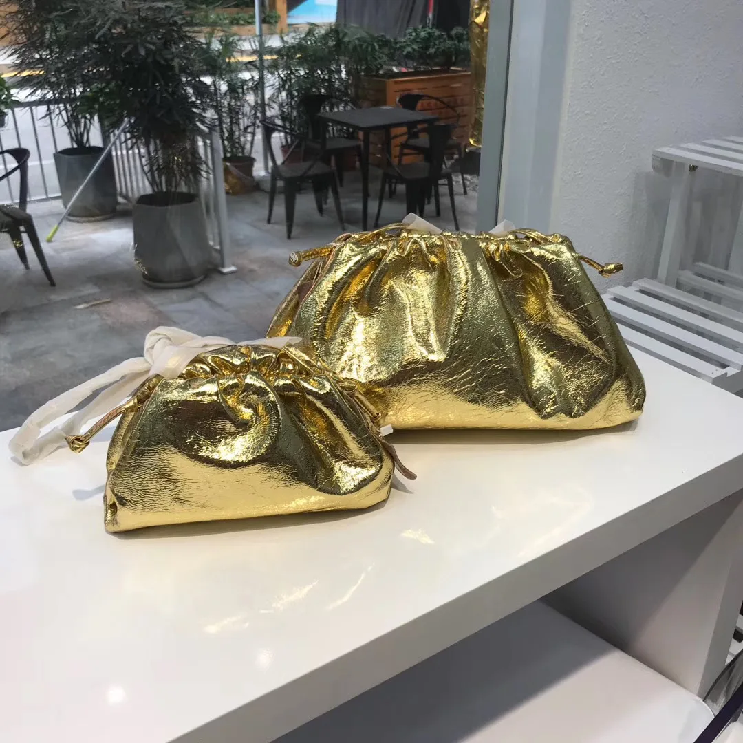 

Women's Brand Genuine Leather Cloud Bag Retro Underarm Bag Luxury Gold Glitter Laser Tote Bag Pleated Dumpling Handbag Clutch