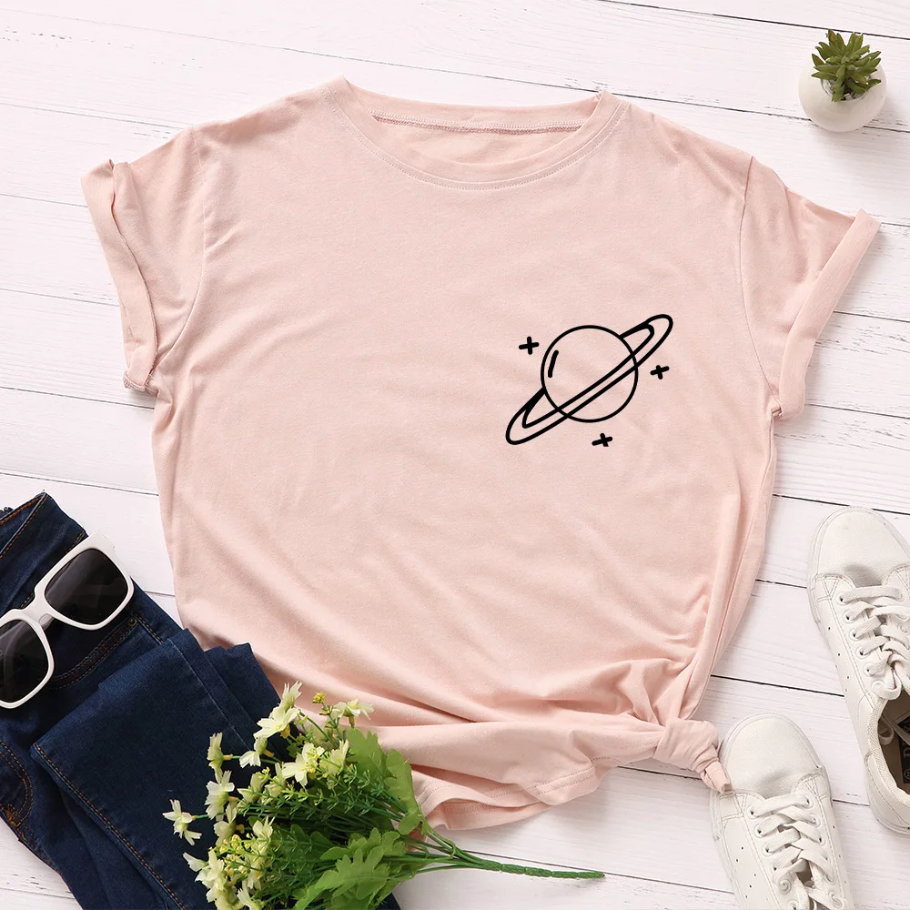 

Saturn Planet T-shirt Womens Tops Black T Shirt Cotton Printed Tshirt Summer New Harajuku Style Tee Shirt Femme