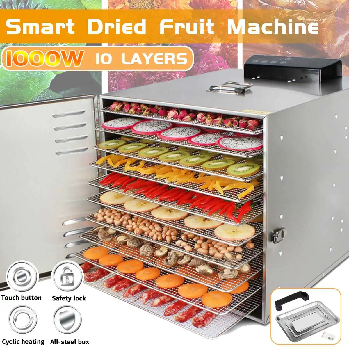 

10 Trays Dehydrator for Fruit Vegetable Food Meat Dryer Jerky Making Tools Stainless Steel Dryers Home Appliances 110/220V 1000W