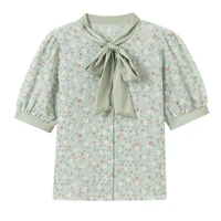 wkfyy women elegant chiffon floral print bow spliced stand collar puff sleeve single breasted casual shirt tops blouse b4014