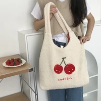 soft plush tote shopper bags for women 2022 cute cherry fluffy fur woman shoulder bag girl cotton cloth handbags autumn winter