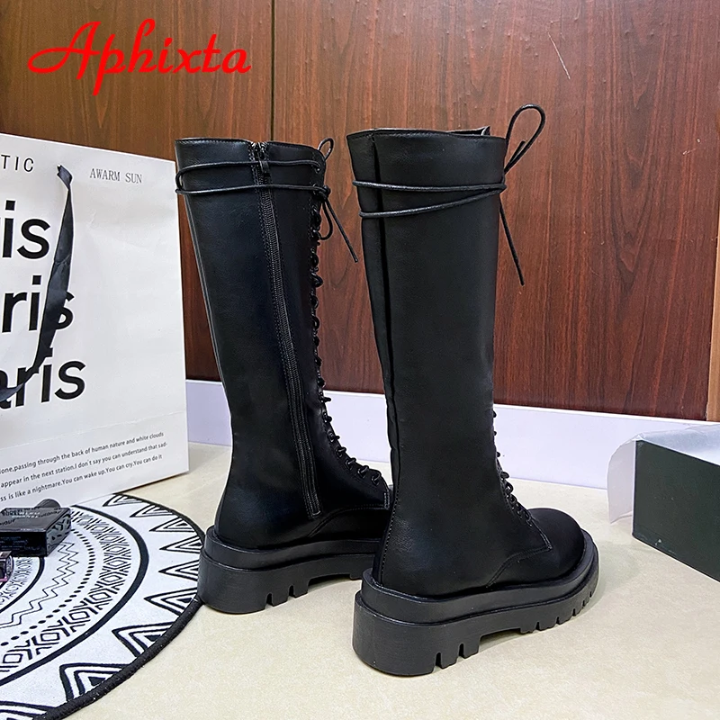 Aphixta New Winter Goth Shoes Women's Long High Boots Leather Cross-Tie Lace-up Shoes Female Fashion Platform Botas Mujer