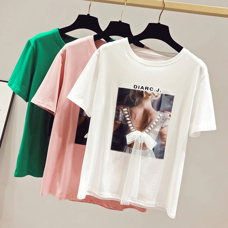 Новинка лета 2020 женская футболка с рисунком хлопковая ткань бисером топы на