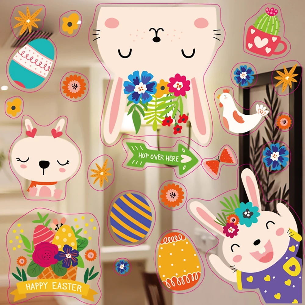 

2pcs Happy Easter Party Window Stickers Bunny Window Clings Basket Eggs Window Sticker for Easter Party Home Decoration