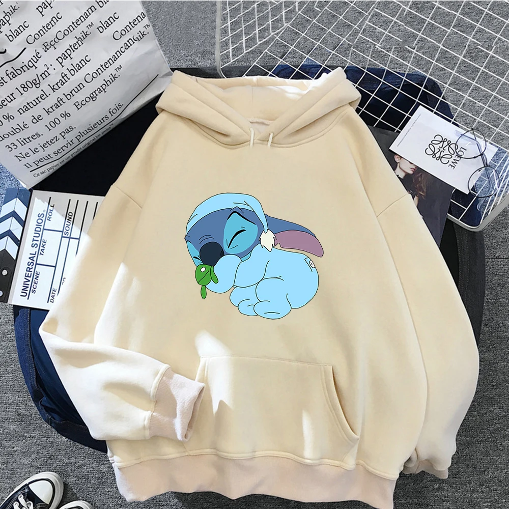 

Disney Hoodies Sleep Stitch Women Cartoons Hooded Sweatshirts Pullover Kawaii Print Spring Harajuku Plus Velvet Casual Clothes