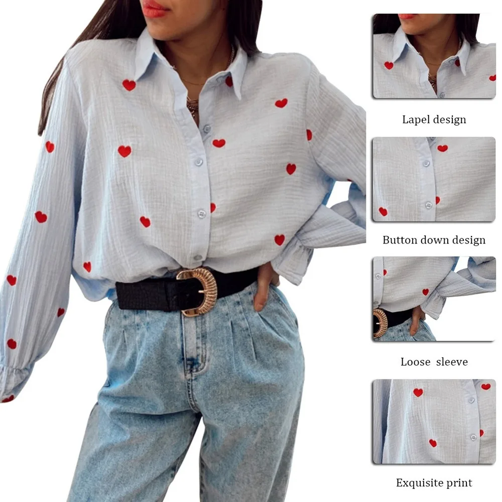 

Fashion New Casual Turn Down Collar Blouses Women Elegant Long Sleeve Shirts Women Red Heart Embroidery Tops Ladies