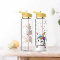 750ml 100tritan kawaii cute water bottle for girls straw water bottle with flamingosunicorn printing drink handle straw kettle