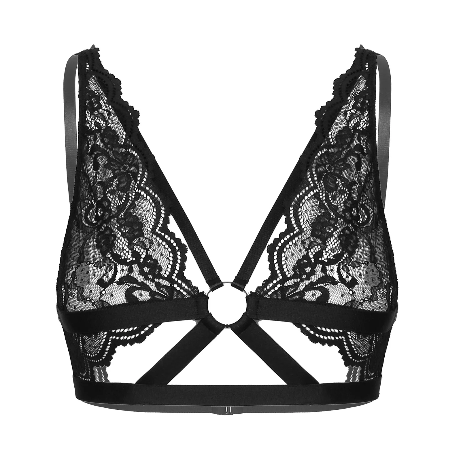 

Women Floral Pattern Lace Sheer Bras Hallow Out Strappy Sexy Lingerie See-through Brassiere Sissy Clubwear for Club Performance
