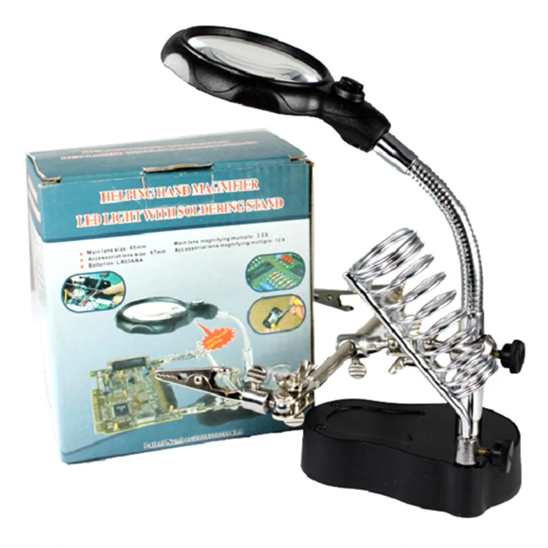 

3/12X Magnifying Soldering Irons Stand 3 Hand Helping Clip LED Light With 3 Boxes Glass Lens Desk Station Repair Tools