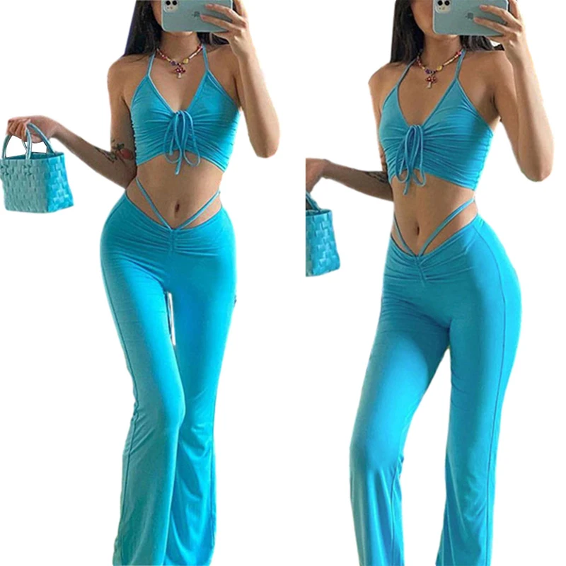

IMCUTE Y2K Streetwear Sexy Bandage Blue Co-ord Suits 2000s Fashion Drawstring Halter Top and High Waist Flare Pants 2 Piece Set
