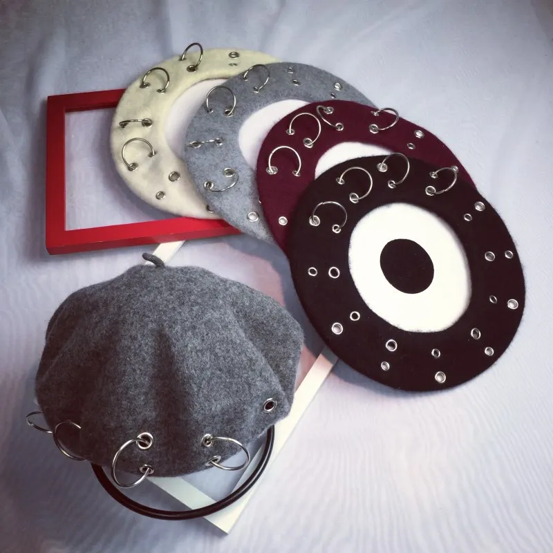 Новинка Зимние береты в стиле Харадзюку женские панк рок с железными кольцами