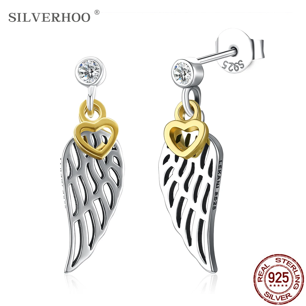 

SILVERHOO 925 Sterling Silver Trendy Wing With Golden Heart Earrings Dangle For Women 5A Zircon drop Earring Female Fine Jewelry