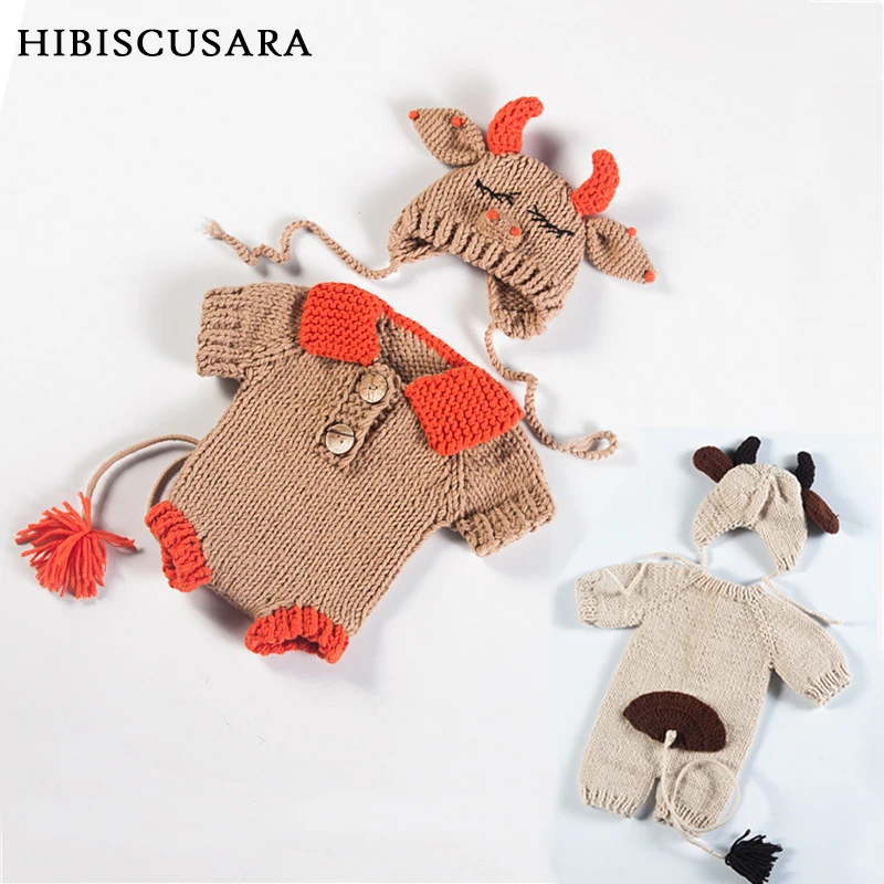 Newborn Baby Photo Costumes Animal Clothing Sets Wollen Knitted OX Baby Romper Hat 2pcs Set Calf Outfits Photography Clothes