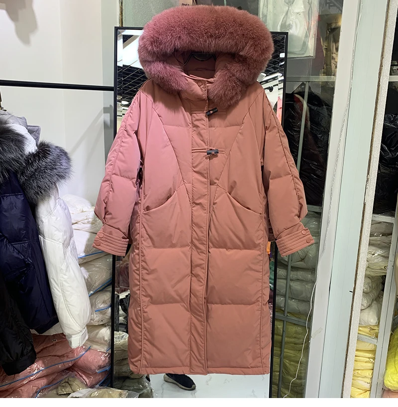 New 2022 Woman Duck Down Overcoat Long Jacket with Large Real Natural Fox Fur Hood Warm Parkas Female Winter Clothing Outerwear