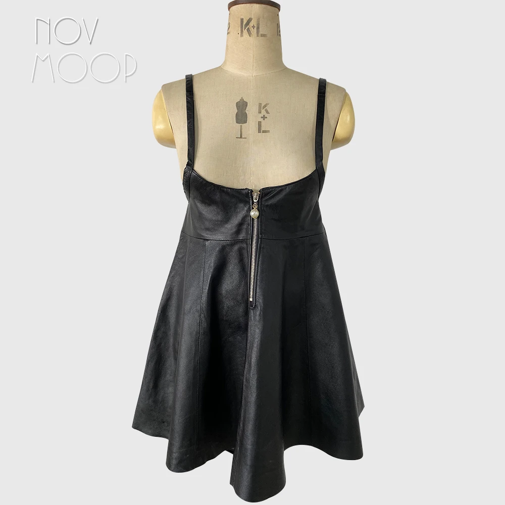 Черное платье комбинация в стиле принцессы из натуральной овечьей кожи с