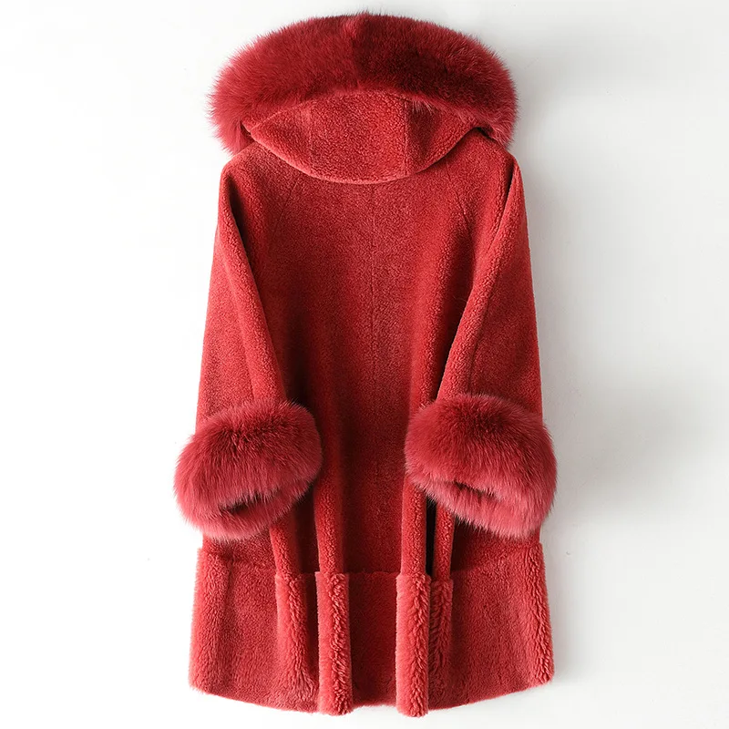 Winter 100% Wool Fox Fur Collar Women's Red Fashionable New Hoodie Coats Sheep Shearing Coat Autumn Black Wool Fur Outwear