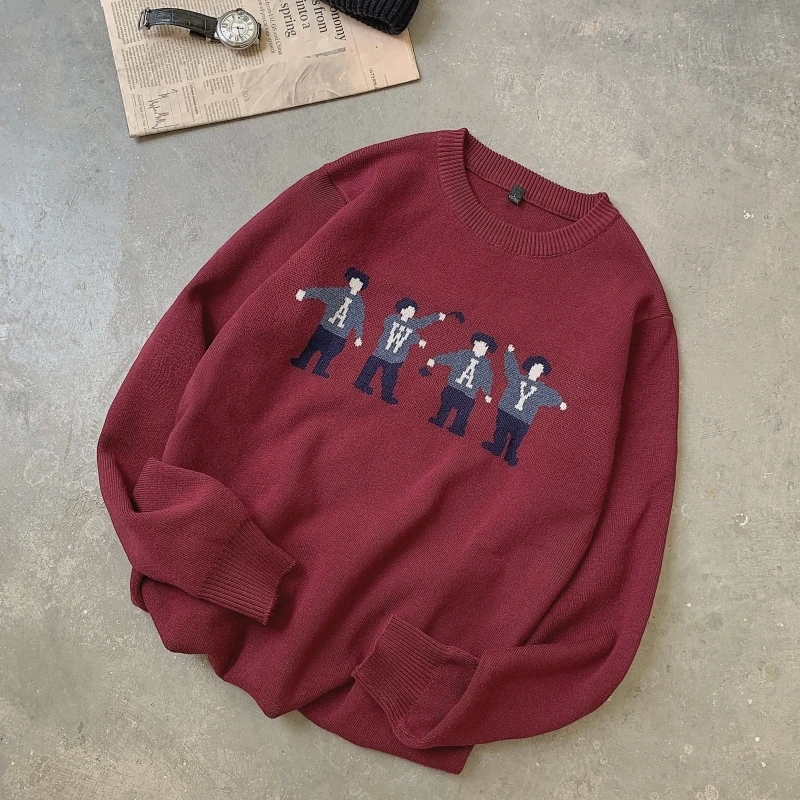 2019 Winter New Japanese Original Villain Knit Short Loose Cartoon Casual Round Neck Long Sleeve Thick Pullover Sweater J635 | Мужская