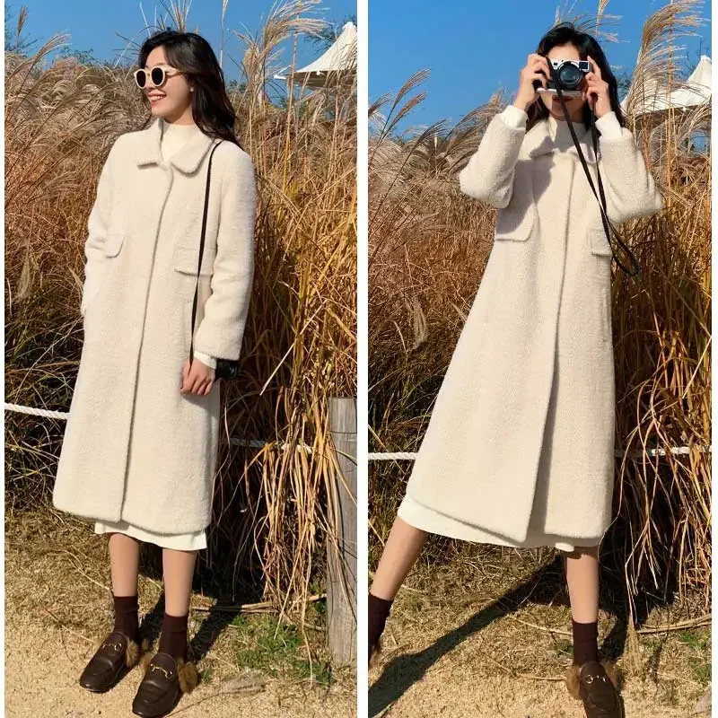 

Women Long Winter Thick Woolen Coat Pink Beige Overcoat