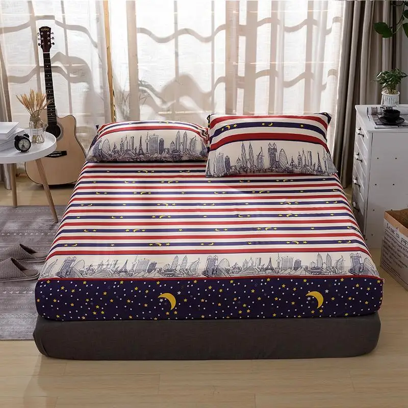 

3pcs Bed Sheet With Pillowcase Blue Flower Printed Bed Linen Queen Mattress Covers Fitted Sheet Sets With Elastic For King Size