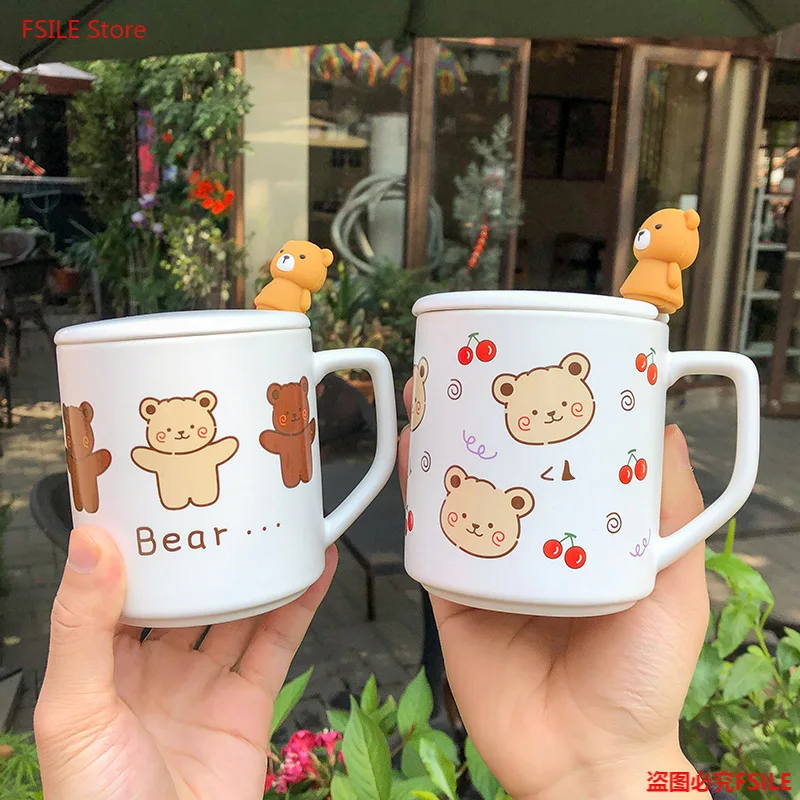 

FSILE 400ml Korean Cartoon Cute Bear Ceramic Coffee Mug Business Office Tea Cup with Lid Spoon Student Couple Drinking Cups