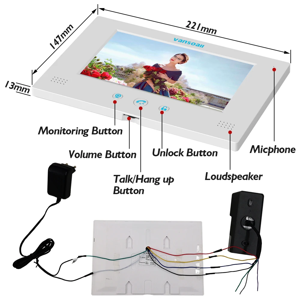 Видеодомофон VANSOALL Система домофона с сенсорной кнопкой 2 цвета 7-дюймовый монитор