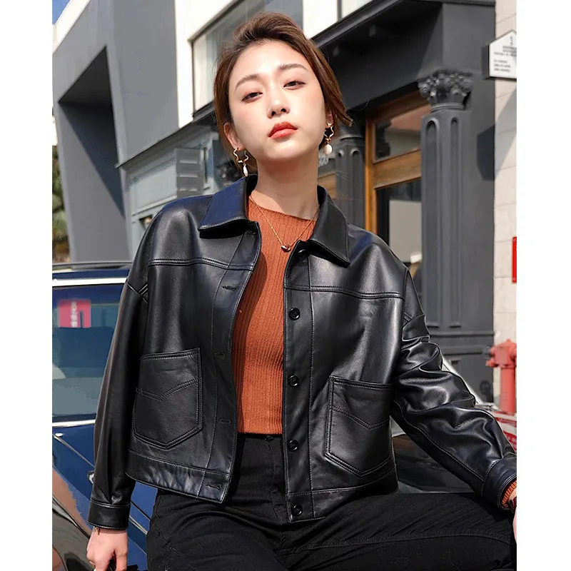 Popular Autumn New Fashion Genuine Leather Short Women's Sheepskin Coat Spring High Quality Single Breasted Jacket with Pocket