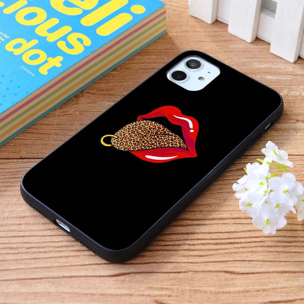

For iPhone Red Lips Leopard Tongue Cheetah Animal Print Trendy Graphic Soft TPU border Apple iPhone Case